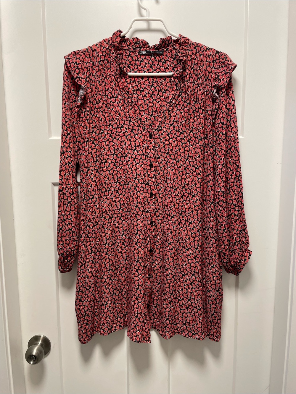 Zara Red and Black Floral Button-Down Long Sleeve Dress